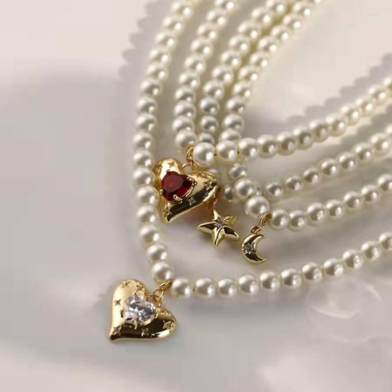 

Pendant Necklaces Elegant Ins 2022 Zircon Moon Star Titanium Steel Necklace Pearl Choker Chain For Women Girl Party Wedding Jewelry Gift