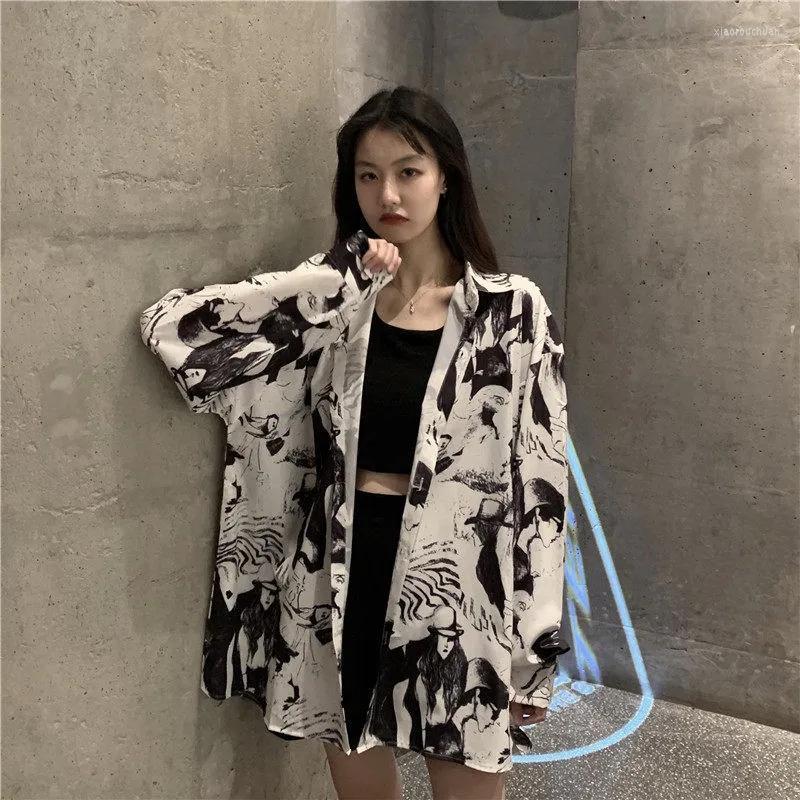 

Women' Blouses Y2K Street Stlye Ink Printing Women White Shirt Loose Long Sleeve Button Up Ladies Blouse 2022 Summer Oversize Female, Sku