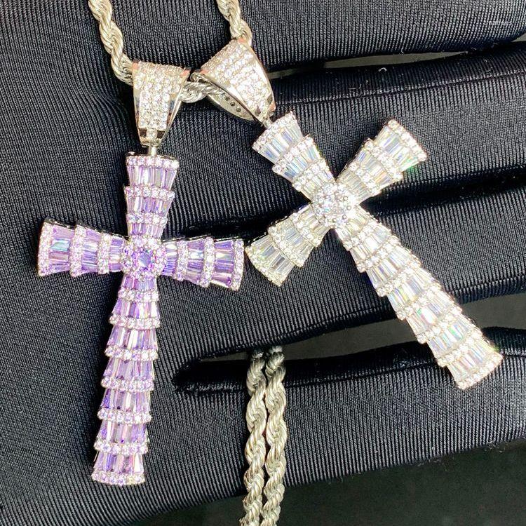 

Chains 2022 Hip Hop Rock Iced Out Bling 5A Baguette Cubic Zirconia Shiny White Purple Cz Cross Pendant Necklaces Jewelry For Women Men