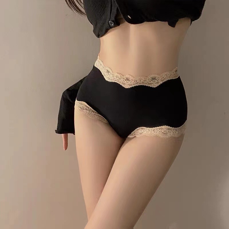 

High-waisted panties women's cotton crotch breathable belly-lifting hips pure desire sexy lace edge girl triangle shorts wholesale, Light skin tone