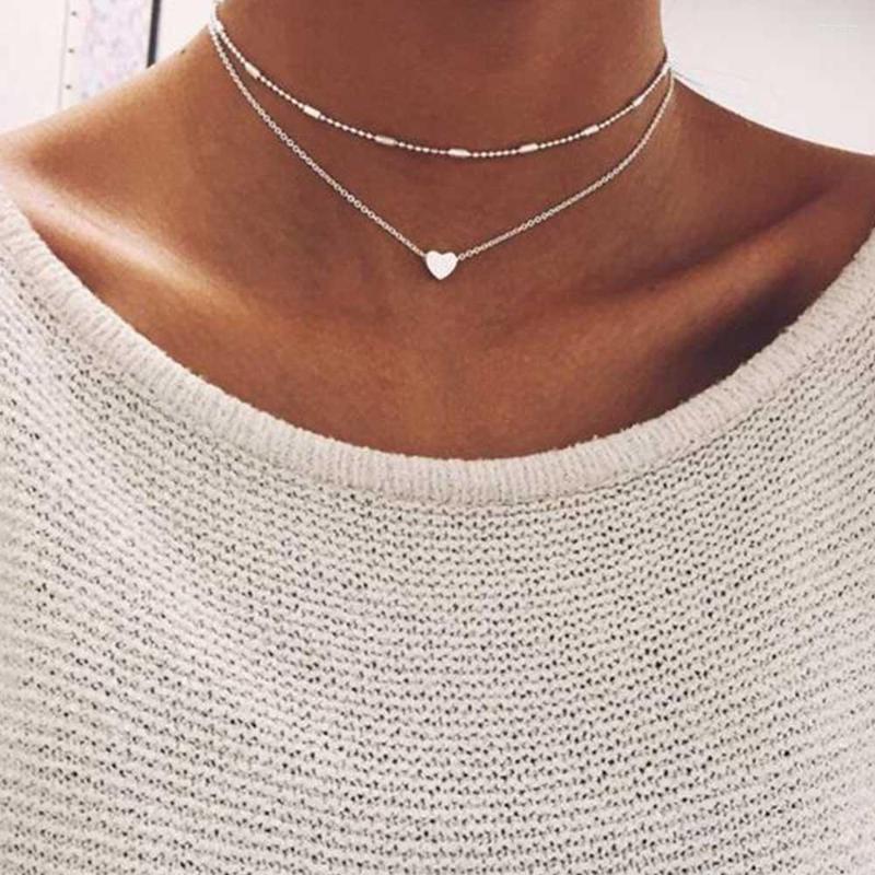 

Choker Fashion Gold Silver Color Jewelry Love Heart Necklaces & Pendants Double Chain Necklace Collar Women Gift