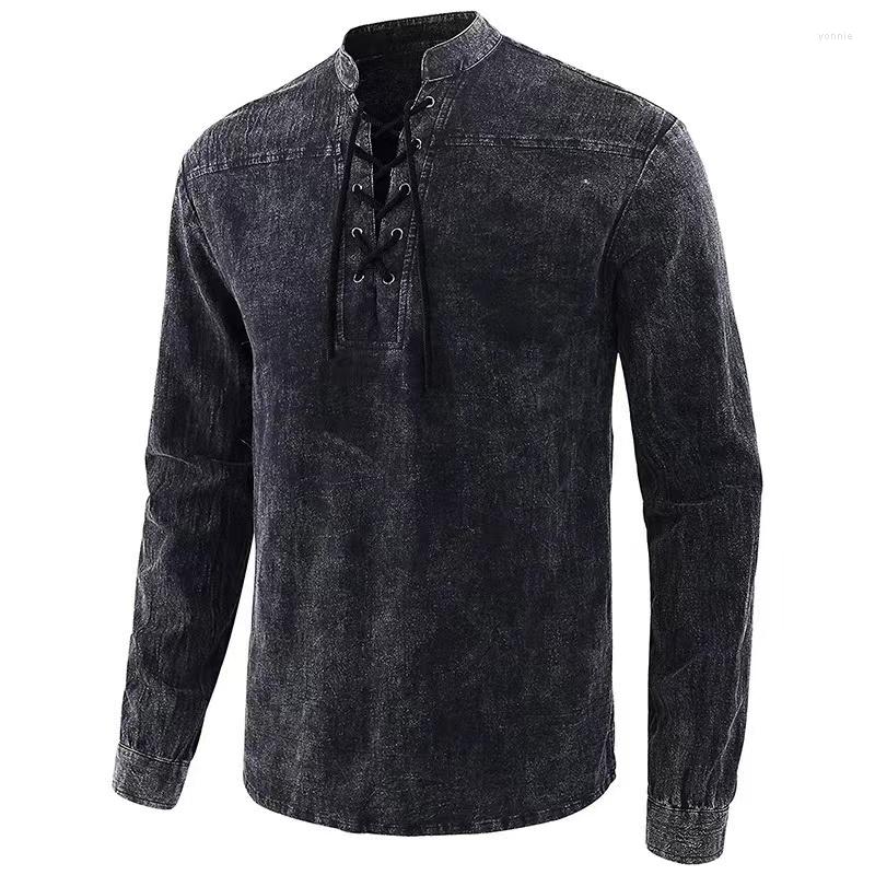 

Men' Casual Shirts Men' Tie-dye Long-sleeved Eaby Medieval Aireye Performance Stage Dress Lace-up Stand-up Collar Men, Black