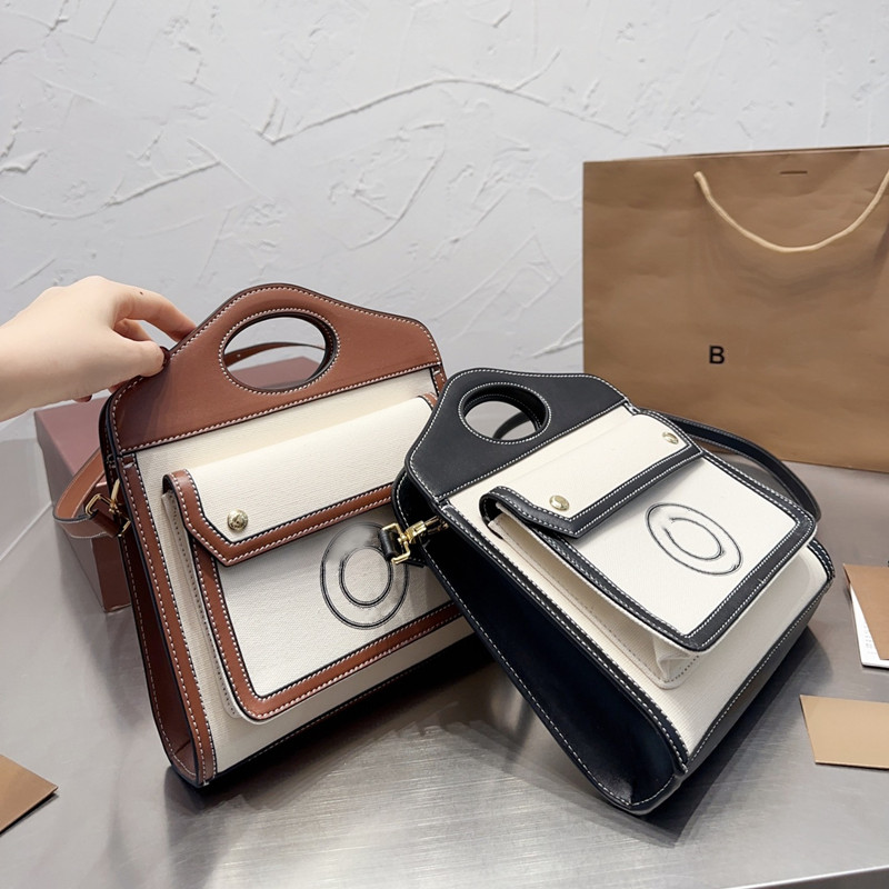 

Designer Lux Mini Two-color Canvas Leather Pocket Bag Malt Brown Tote Bag Handle At The Top Magnetic Buckle Flip Cover Outer Bags, 1-