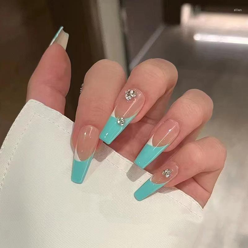 

False Nails 24Pcs Detachable Square Head Wearable Green French Fake Full Cover Artificial Nail Tips Press On, 108