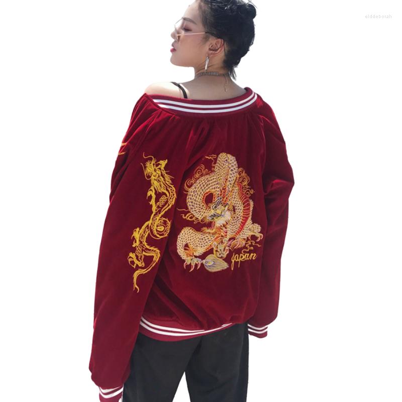 

Women's Jackets Women Fall Dragon Embroidery Baseball Bomber Jacket Zipper Flower Wine Red O-Neck Golden Velvet Coat Cardigan Streetwear, Black