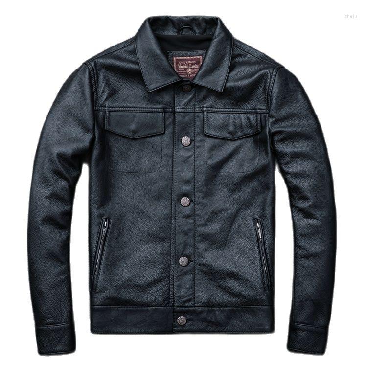 

Men's Jackets Genuine Leather Denim Top Men's Short Jacket Layer Cowhide Motorcycle Lapel Youth Fashion Coat, Black