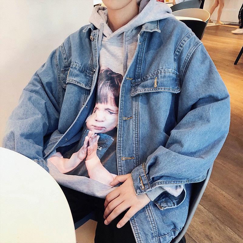 

Men's Jackets E BOY Retro Denim Men Turn-down Collar Loose Students Large Size S-4XL Pockets Single Breasted Blue Solid Males Outwear