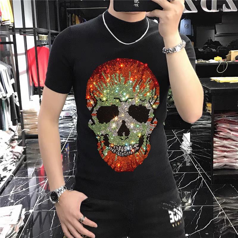 

Men's Sweaters Personality Camouflage Rhinestones Semi-High Collar Outdoor Short Sleeve Sweater Bodybuilding Men's Four Seasons Pullover, As shown asian size