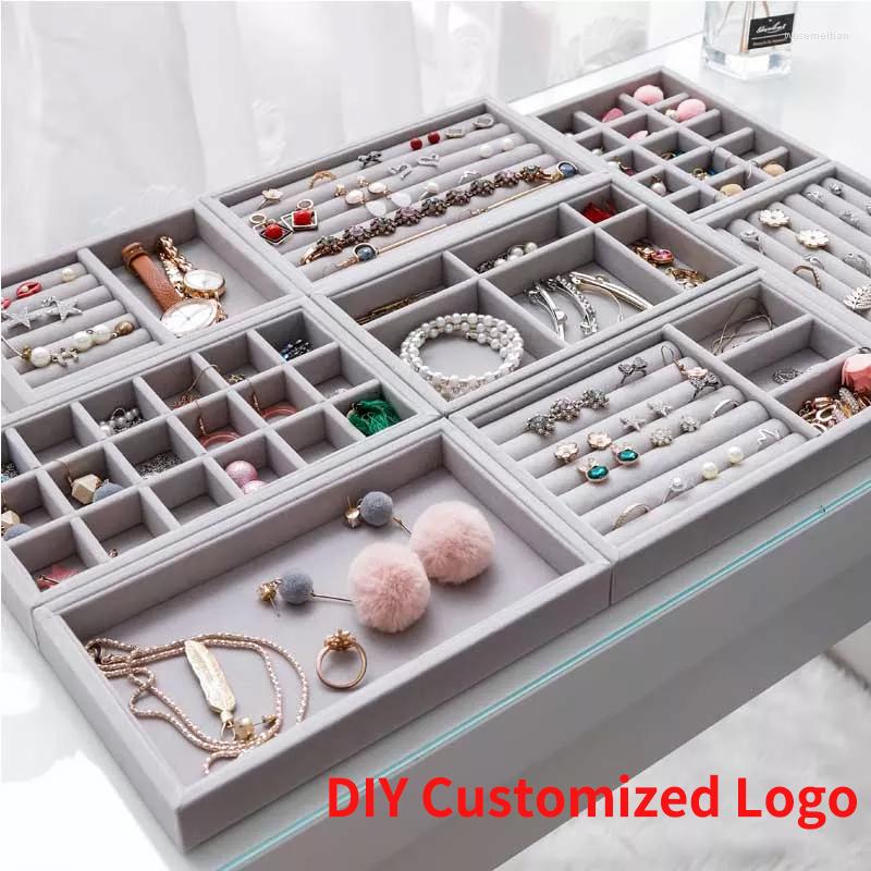 

Jewelry Pouches Handmade DIY Box Drawer Storage Organizer Gray Soft Velvet Jewellery Earring Necklace Pendant Bracelet Tray 9 Options