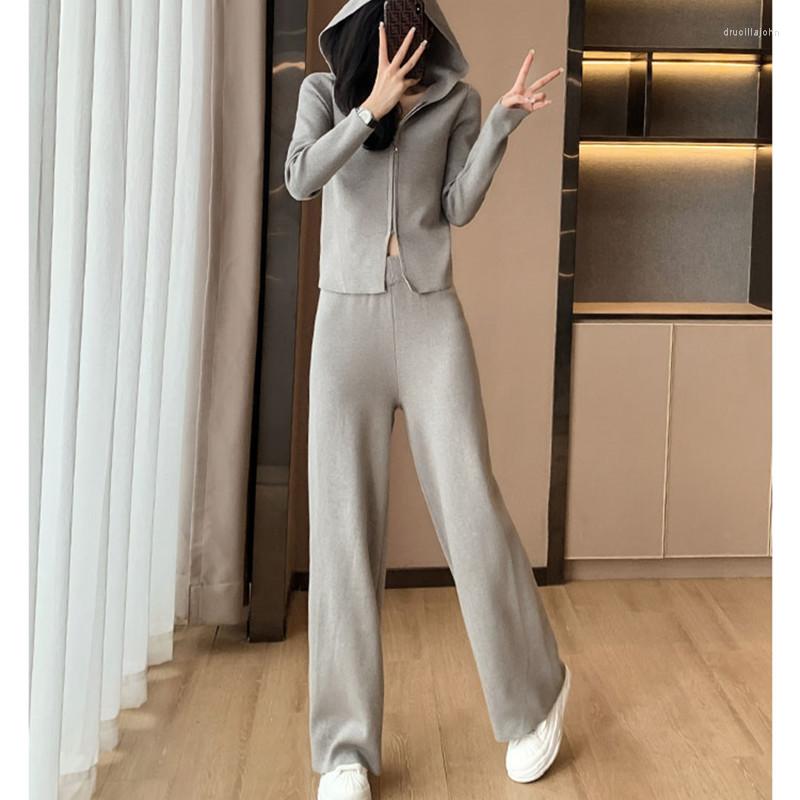 

Women' Two Piece Pants Solid Knitted Women Hooded 2 Set Loose Long Sleeve Sweatshirt Wide-legged Elastic Waist Lady Sets 2022 Autumn Casual, Picture color