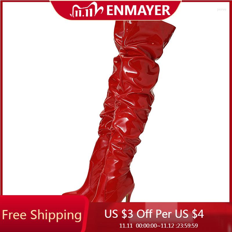 

Boots Enmayer Women's Over The Knee Red High Heels Patent Leather Solid Color Pointed Toe Stiletto Side Zipper Sapatos Femininos