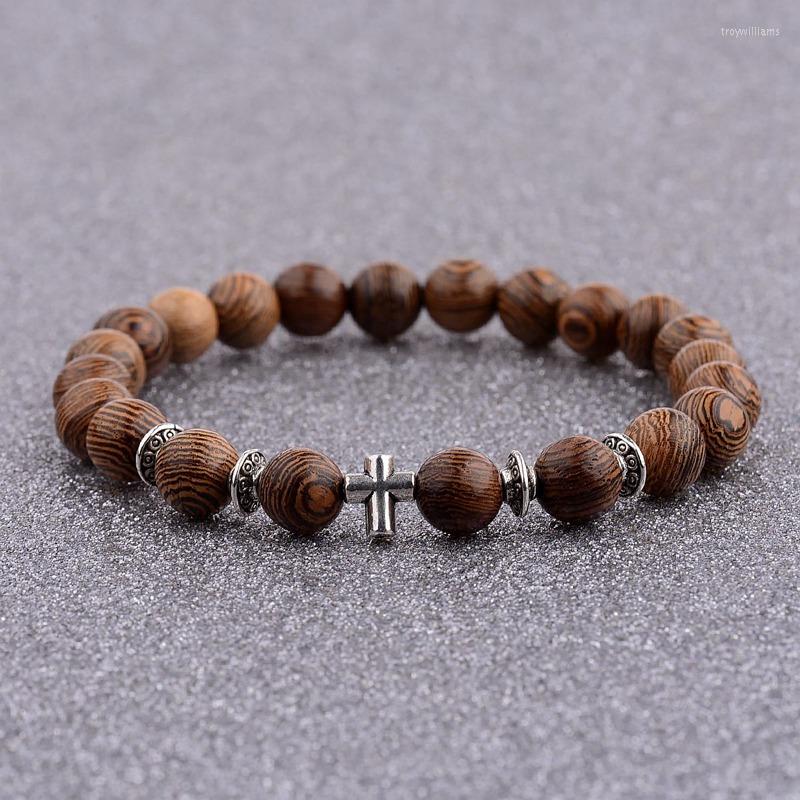 

Strand 2022 Charm Men Silver Color Cross&Buddha Elastic Wood Beads Bracelets Prayer Chakra Bead Women Drop WABJ003