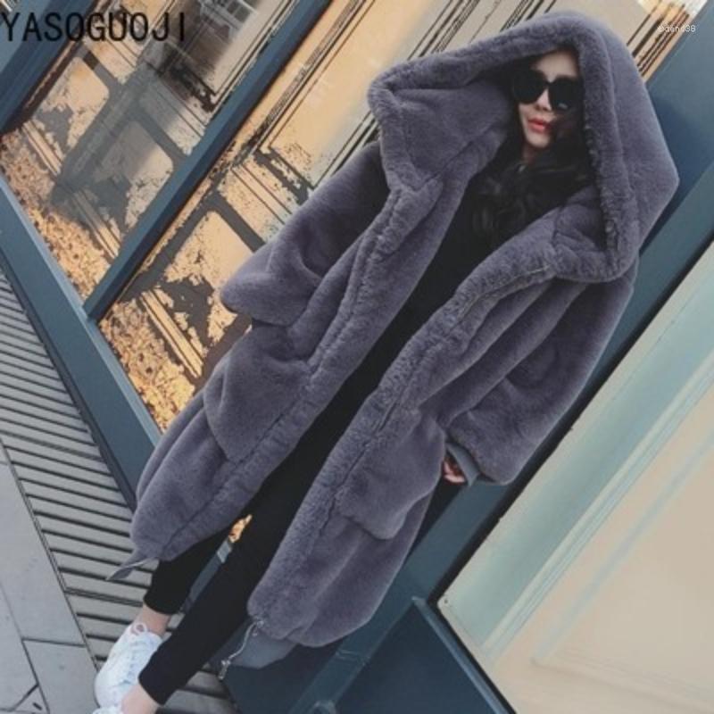 

Women's Fur YASUGUOJI 2022 Thicken Warm Faux X-Long Coat Women Fashion Zipper Hooded Rex Winter Jacket 7colors, Beige