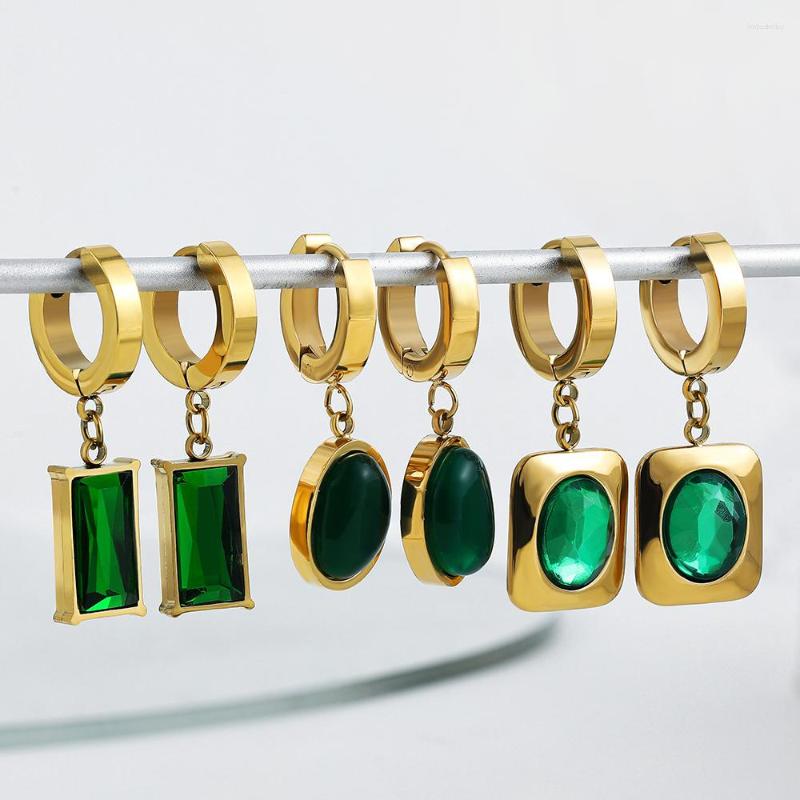 

Hoop Earrings Vintage Green Crystal Geometric Pendant Piercing Earring Gold Color Stainless Steel Huggie For Women Jewelry