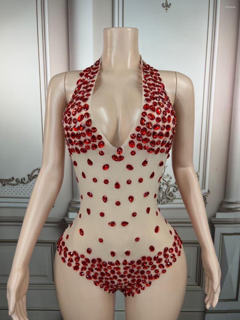 

Stage Wear Three Colors Shining Crystal Halter Sexy V-Neck Bodysuits For Women Nightclub DJ Clothing Prom Pole Dance Costumes, Blue