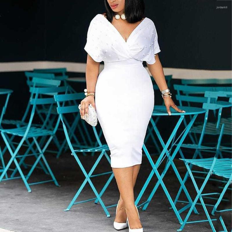 

Casual Dresses Summer Dress Sexy V Neck Tunic High Waist Beading Short Sleeve Ladies Red White Bodycon Plus Size Party Club Midi