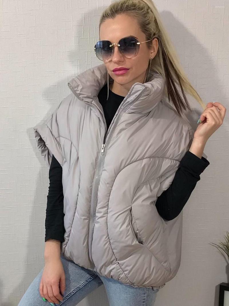 

Women's Down Chic Stand Collar Loose Winter Vests Women 2022 Autumn Fashion Zipper Warm Cotton Padded Jacket Streetwear Female Outwear, Gray