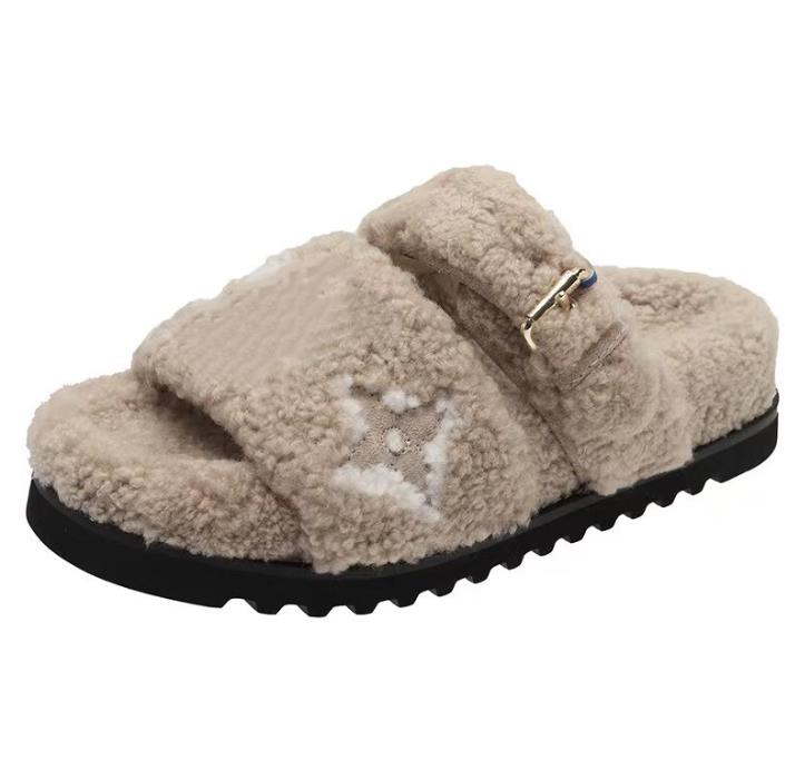 

slipper designer lamb wool home cotton slippers wear warm fluffy flip flops Korean autumn and winter, Grey