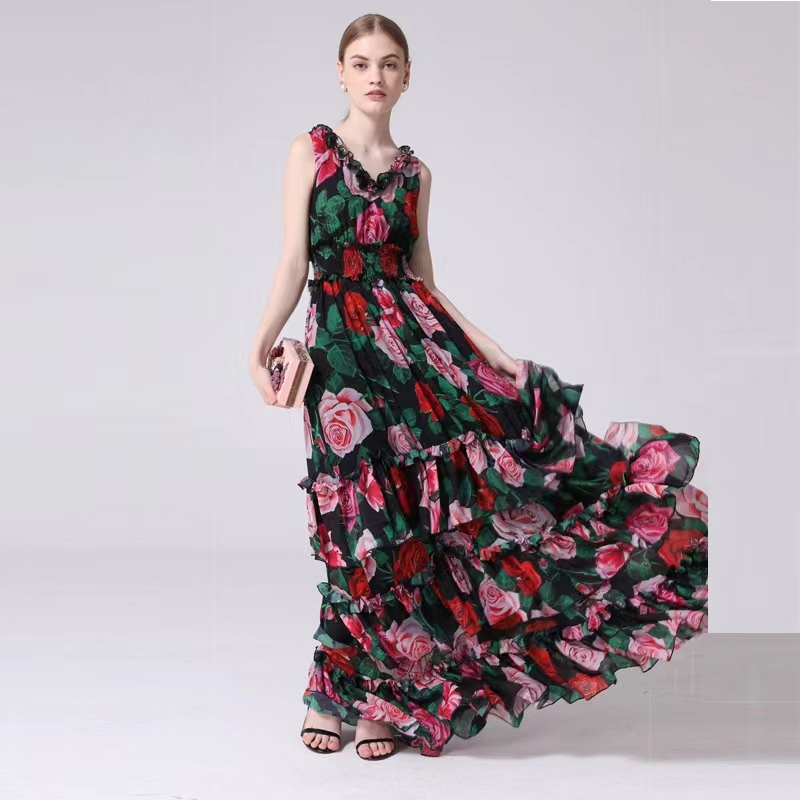 

Runway Dresses Women's spring and summer fashion V-neck sleeveless printing long large pendulum style elastic cake skirt, Black