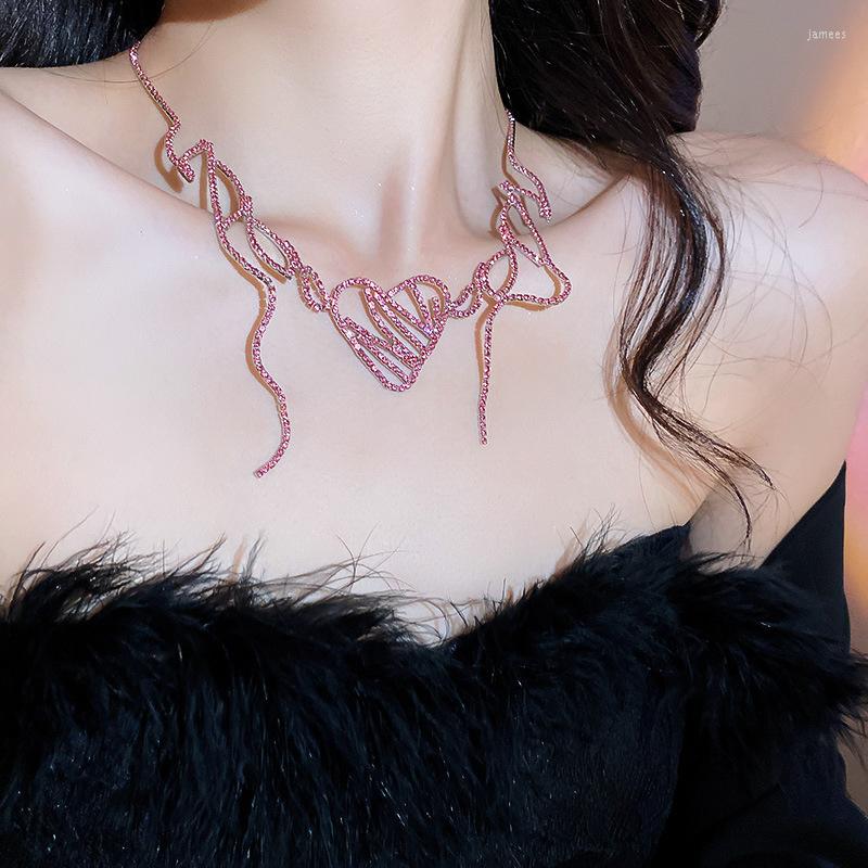 

Choker FYUAN Hollow Pink Rhinestones Necklaces For Women Long Tassel Crystal Statement Jewelry Gifts