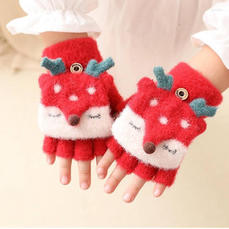 

Hair Accessories Warm Half-Finger Mittens Children Winter Cartoon Girl Boy Kid Fingerless Gloves With Cover Knitted Thick Toddler Baby, Blue