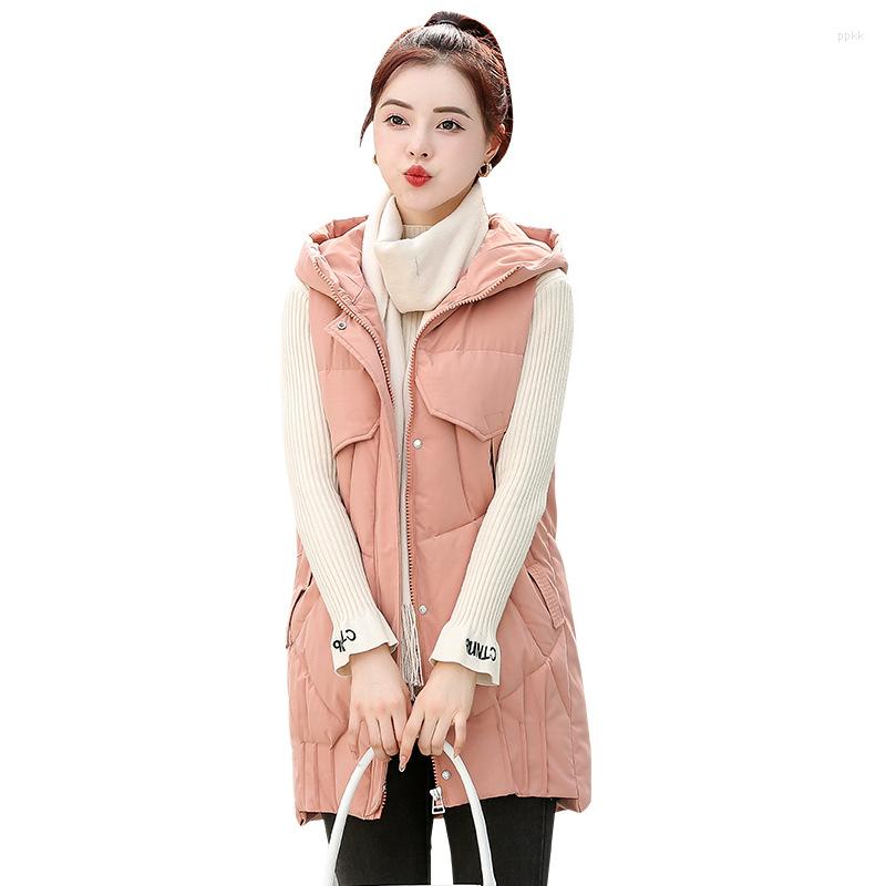 

Women's Trench Coats 2022 Winter Cotton Padded Parkas Women Solid Sleeveless Thicken Hooded Waistcoat Ladies Warm Pockets Outwear Female, White