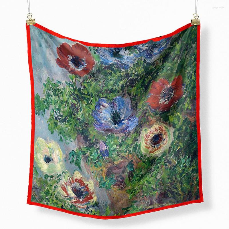 

Scarves Twill Silk Scarf Women Bandana Neckerchief Small Hijab Foulards Lady Tie Headband Monet Anemone Oil Painting