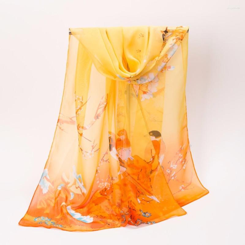 

Scarves 2022 Women Chiffon Elegant Floral Printed Scarf Chinese Unique Designer Flowers Birds Long