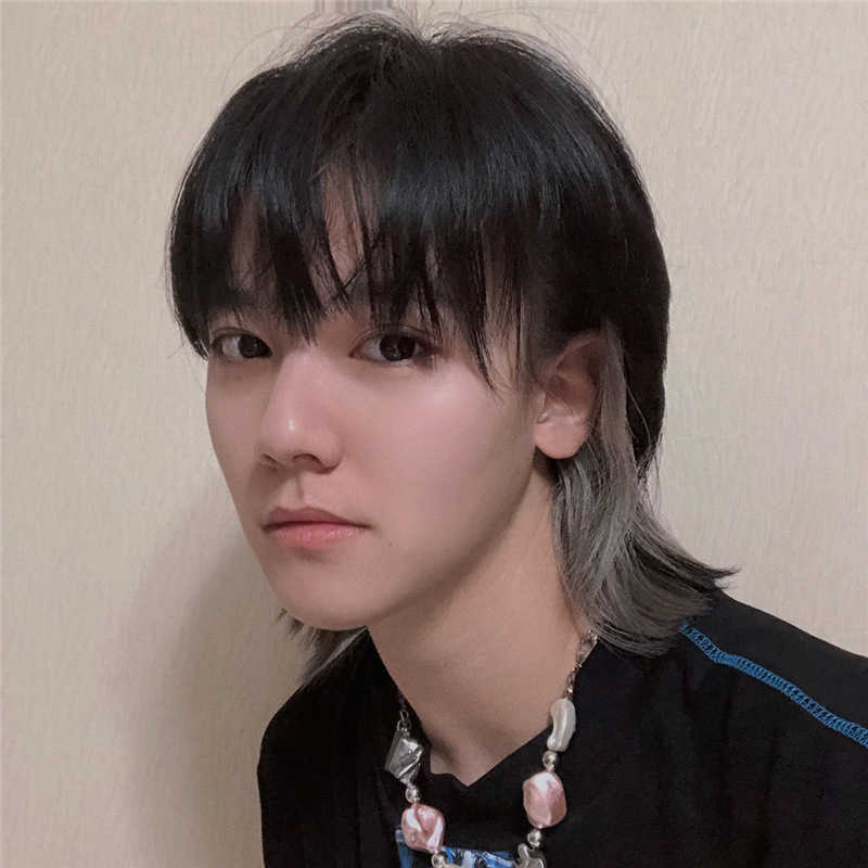 

Hair Lace Wigs Net Red Same Wolf Tail Wig Men and Women Can Wear Handsome Cos Mullet Hanging Ears Dyed Short Hair Neutral Chemical Fiber Head Cover, Black + grandma grey