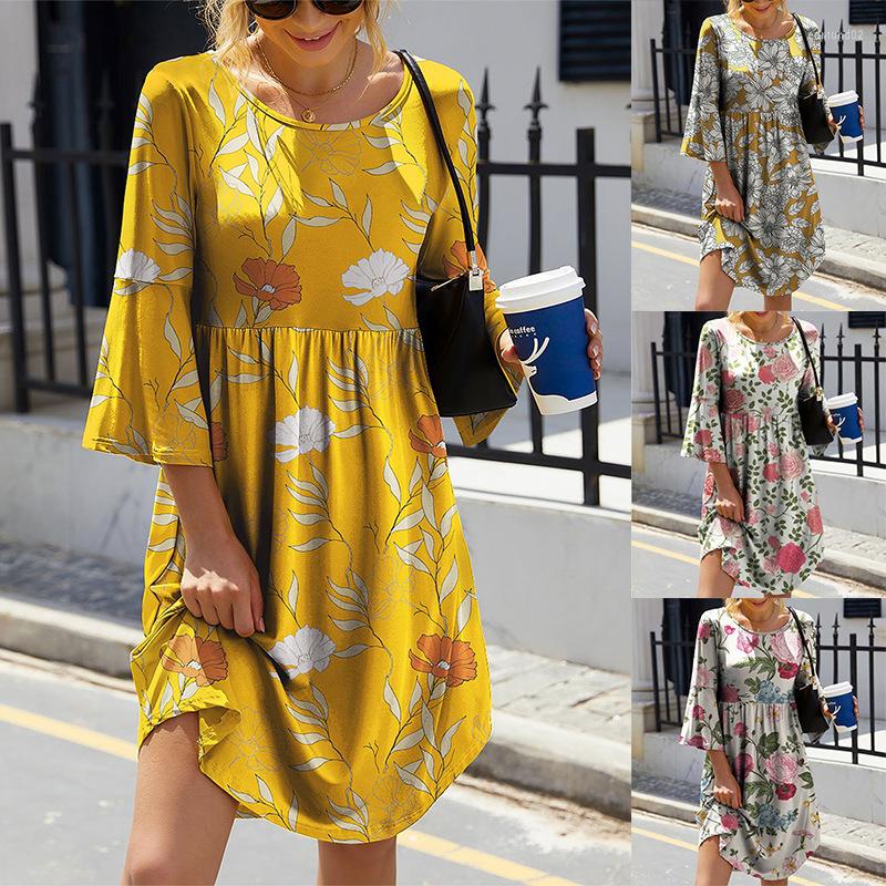 

Casual Dresses 2022 Summer Dress For Long Vintage Loose Women Elegant Sleeve O-neck Printing Woman Clothing, 01
