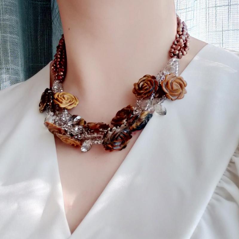 

Choker LiiJi Unique Natural Tiger's Eye Flowers Freshwater Pearl Shell Clasp Statement Knitting Necklace For Women Fashion Jewelry