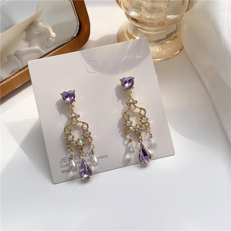 

Backs Earrings Vintage Baroque Purple Crystal Tassel Clip On Elegant Water Drop Shinny Rhinestone Heart Long No Piercing