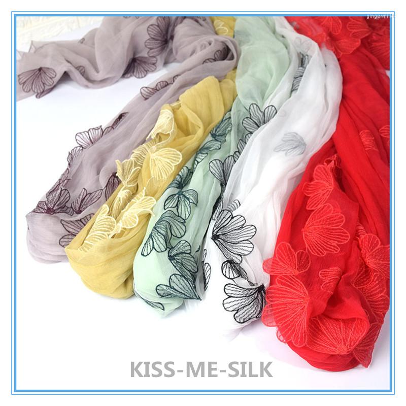 

Scarves KMS Solid Color Silk Scarf Shawl Embroidery Flowers High-grade Pleated Literary Wild For Women 110 195CM/80G