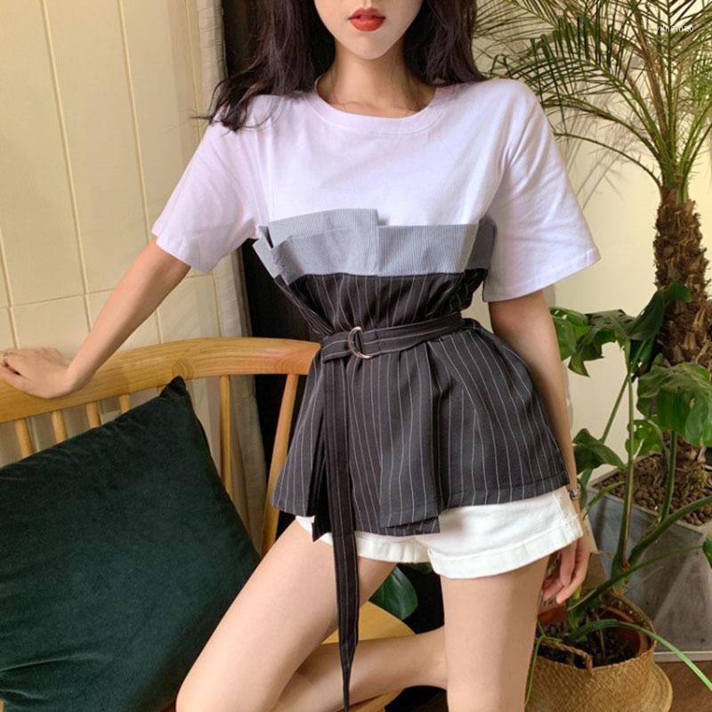 

Women's T Shirts Patchwork Shirt Women Stripe Loose Tops T-shirt Korean Fake Two Piece Streetwear 2022, Black