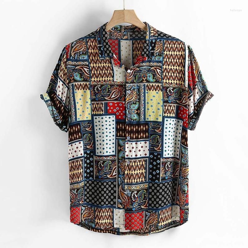 

Men's Casual Shirts Men Vintage Fashionable Ethnic Style Printing Loose Short Sleeve Top Stand Collar T-shirt Chemise Homme