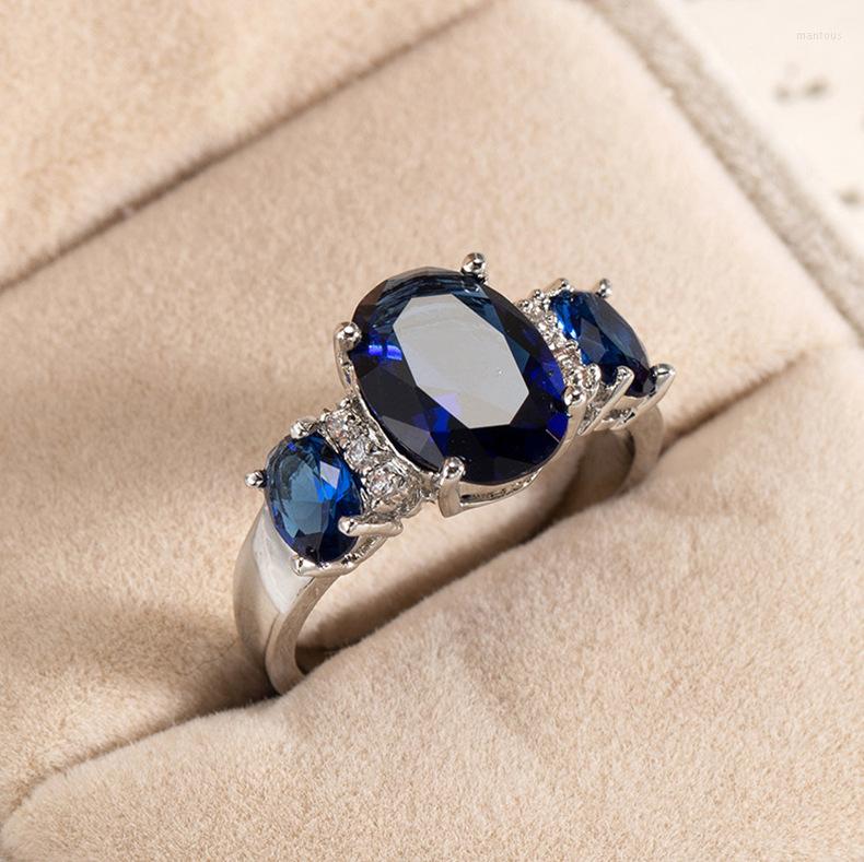 

Wedding Rings Classic Silver Plated Ring Elegant Red/Blue Gems Crystal Bridal Oval Cut Zircon Promise Anniversary Jewelry