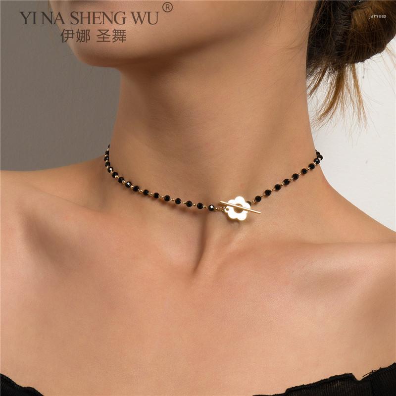 

Choker Fashion Luxury Black Crystal Glass Bead Chain Necklace Women Flower Lariat Lock Collar Jewelry Party Charm