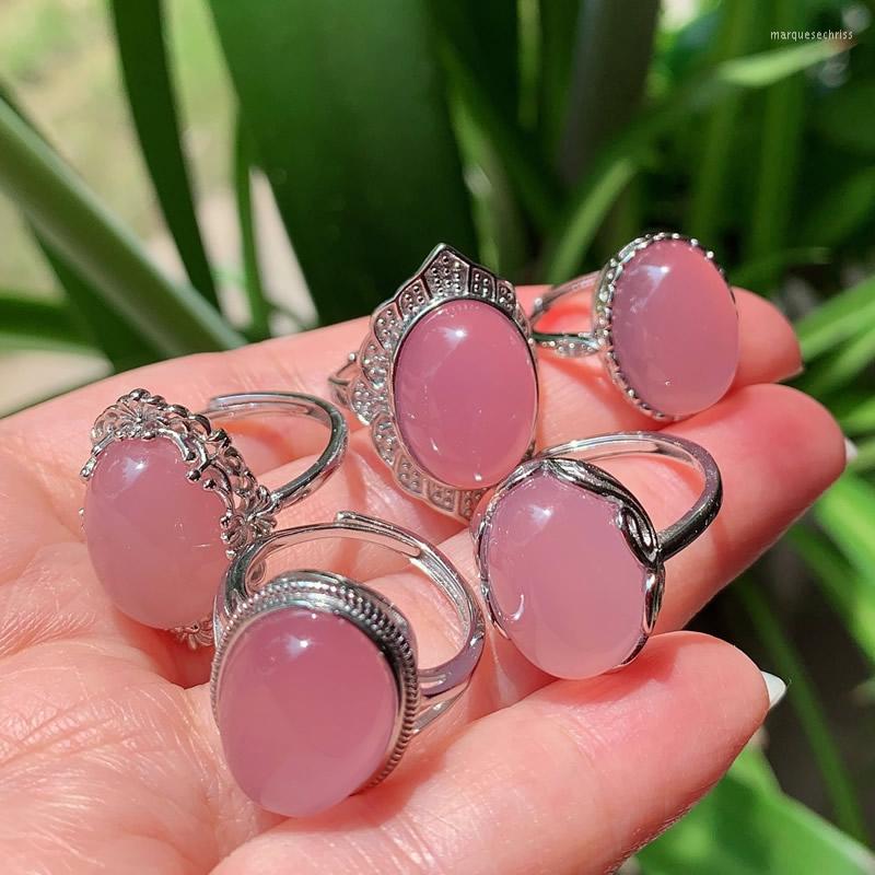 

Wedding Rings 1PC Healing Jewelry Natural Crystal For Women Pink Stone Oval Flower Rose Agates Chalcedony Adjustable Ring Party