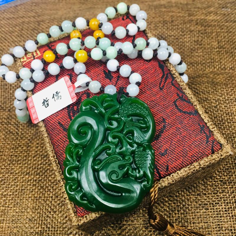 

Pendant Necklaces Natural JADESt Carved Green Dragon And Phoenix With Three Color Bead Chain Sweater