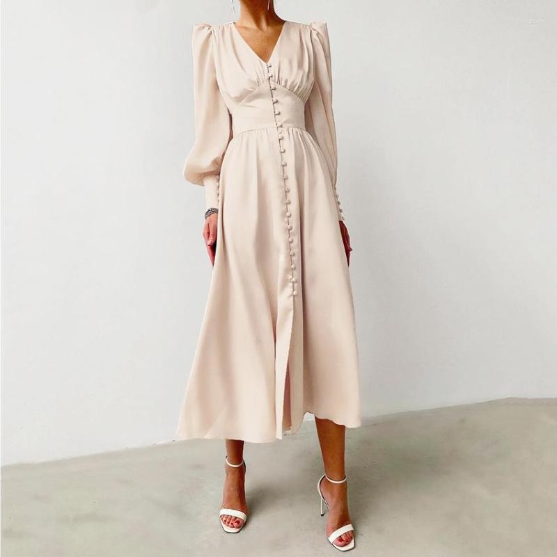 

Casual Dresses Beige Single Breasted Sexy Dress Party Clud High Waist Satin Long Elegant V Neck Women Midi Lantern Sleeve