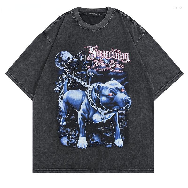 

Men's T Shirts Vintage Punk Distressed Tshirt Harajuku Casual Retro Cotton Washed T-Shirt Men Streetwear Skull Dog Print Gothic Tee Shirt, Black