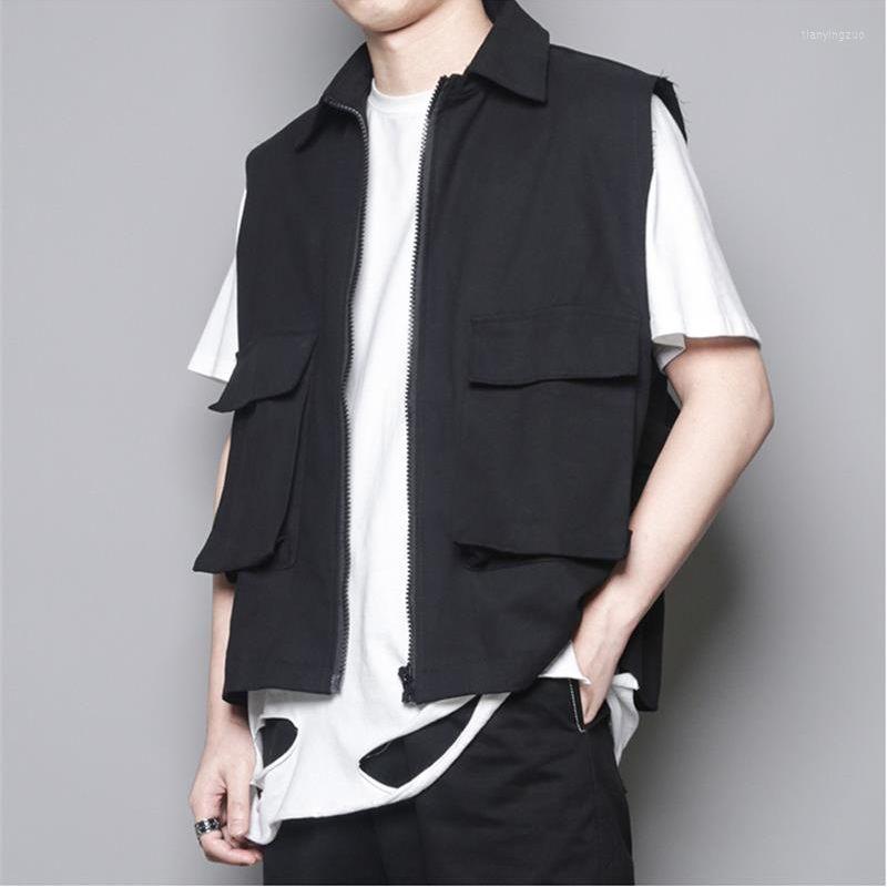 

Men' Vests Men' Short Waistcoat Spring And Autumn Solid Color Lapel Pocket Design Street Function Tactical Vest Zipper, Black