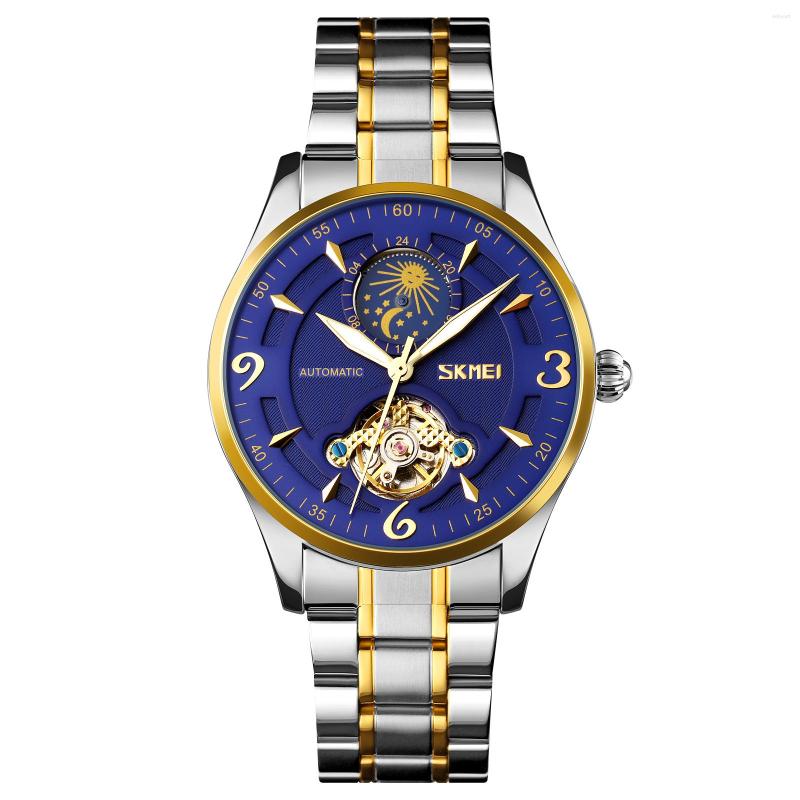 

Wristwatches Original Brand SKMEI Watch Men Fashion Automatioc Watches Stainless Steel Moon Phase Luxury Mechanicel Clock Man Wristwatch, Silver