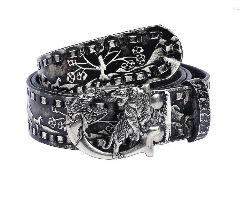 

Belts Natural Cow Leather Buckle Belt.2022 Genuine Vintage Rivet Cool Tiger Belt, Gray