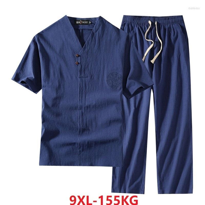 

Men's T Shirts Men's High Quality Summer Large Size 7XL 8XL 9XL Loose Short Sleeve T-shirt And Pants For Men Oversize Linen Tees, Picture color