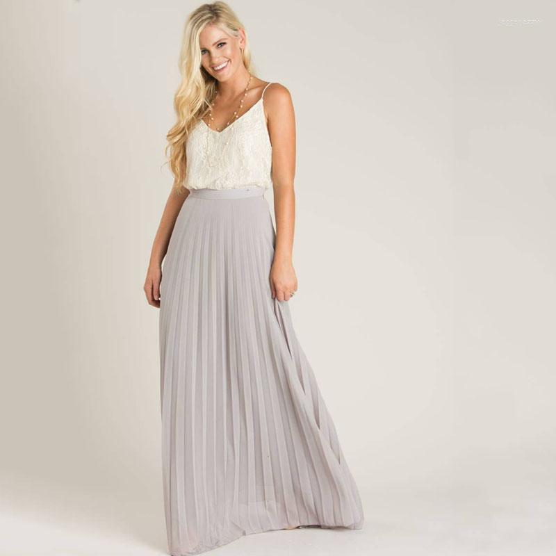 

Skirts Grey Chiffon Summer Beach Style A Line Floor Length Long Maxi Pleated Skirt Personalized Women, Beige