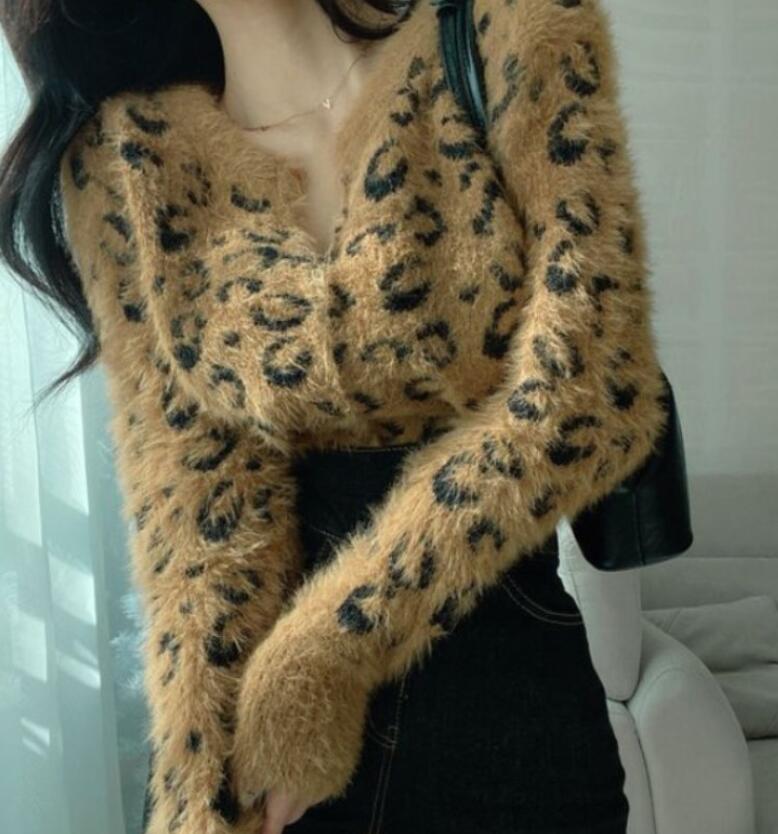 

Women's Sweaters for Slim Leopard Single Breasted Knitted Cardigan Korean Fashion Chic Autumn Winter Fluffy Sweater, 02