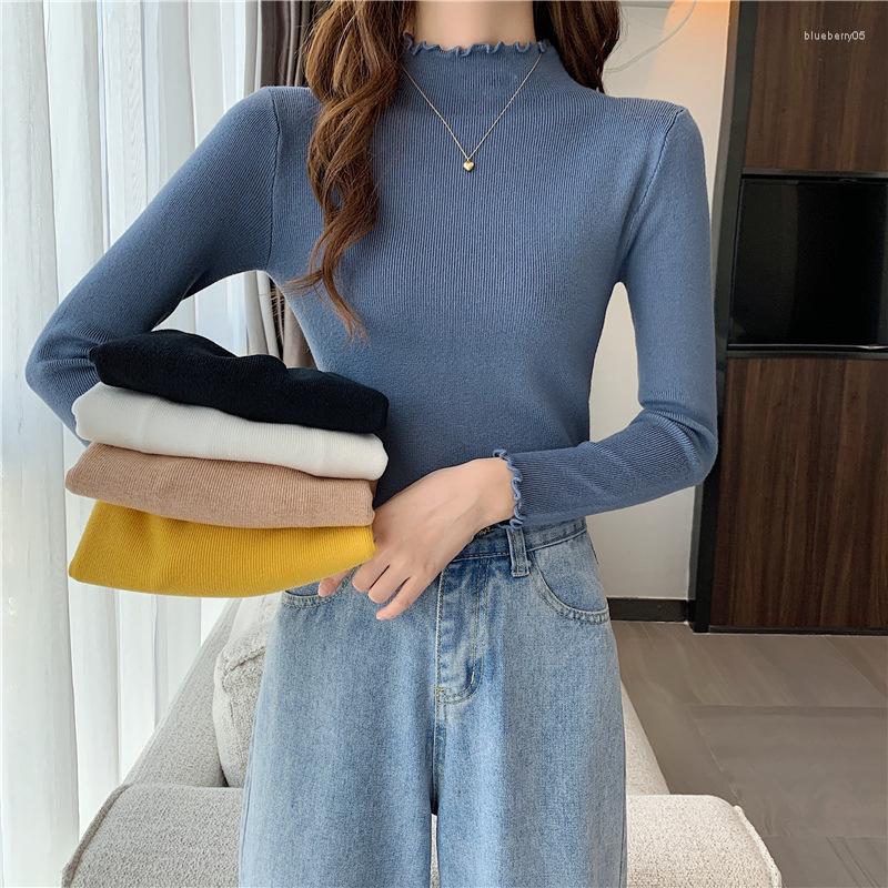 

Women's Sweaters Half High Collar Inside Take Lotus Leaf Agaric Edge Sweater Woman Autumn Winter Style Slim Long Sleeve In Base Knit Sweat, Black