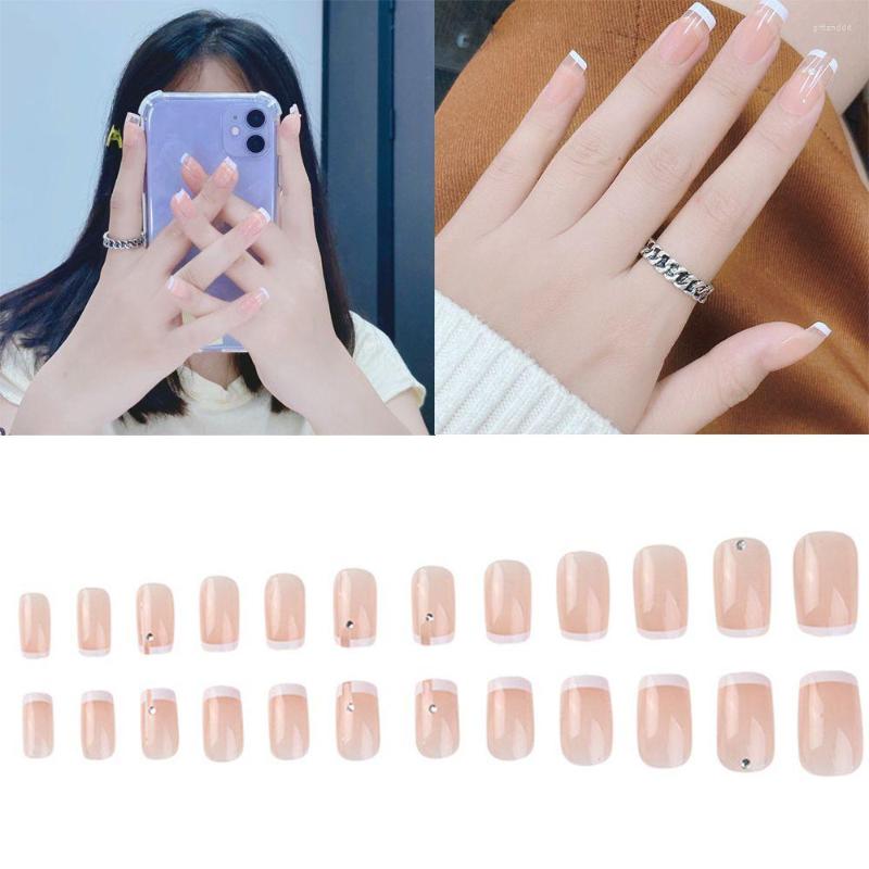 

False Nails 24Pcs Beauty Artificial Full Cover Tips With Drill Short Nail French White Side