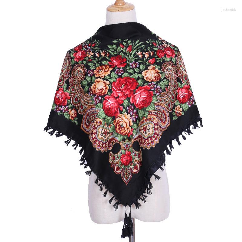 

Scarves Headscarf Russian National Women 90x90cm Square Scarf Cotton Flower Print Shawl Winter Retro Fringed Foulard Bandana
